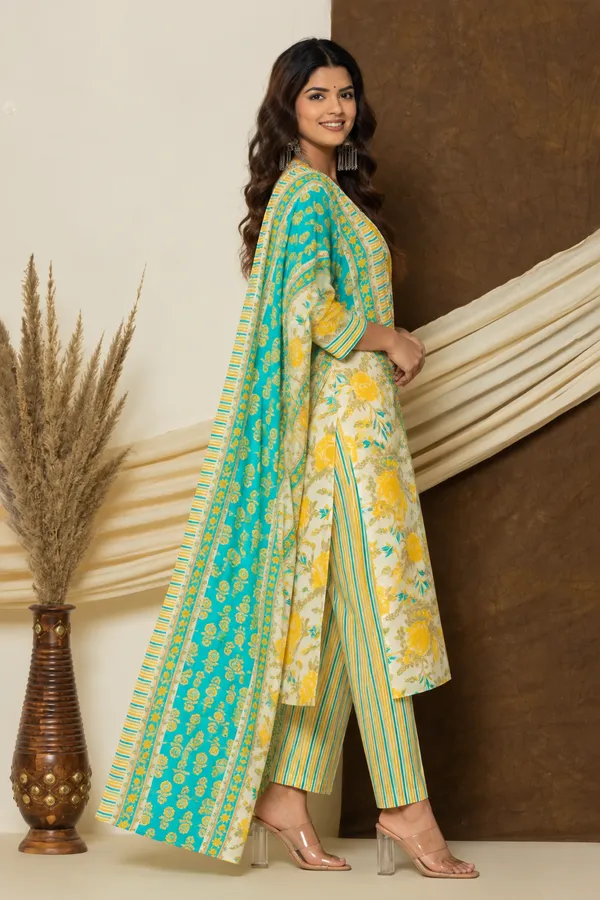 Ruaati_Premium_Cotton_Turquoise_&_Yellow_Floral_Printed_Cotton_3-Piece_Suit_Set_with_Dupatta
