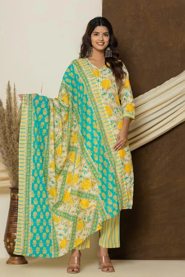 Ruaati_Premium_Cotton_Turquoise_&_Yellow_Floral_Printed_Cotton_3-Piece_Suit_Set_with_Dupatta