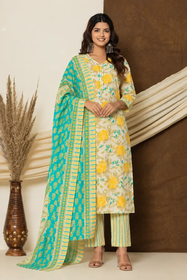 Ruaati_Premium_Cotton_Turquoise_&_Yellow_Floral_Printed_Cotton_3-Piece_Suit_Set_with_Dupatta