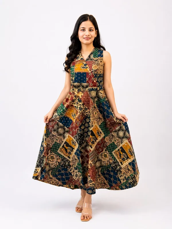 Premium_Cotton_MultiColor_Floral_Print_Long_Midi_Dress_with_V-Neck,_Attached_Sleeves_&_Both-Side_Pockets_for_Women