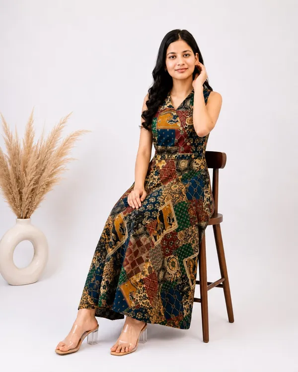 Premium_Cotton_MultiColor_Floral_Print_Long_Midi_Dress_with_V-Neck,_Attached_Sleeves_&_Both-Side_Pockets_for_Women