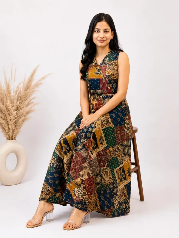 Premium_Cotton_MultiColor_Floral_Print_Long_Midi_Dress_with_V-Neck,_Attached_Sleeves_&_Both-Side_Pockets_for_Women