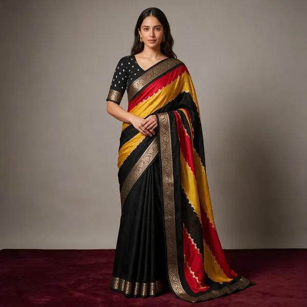 Yellow_Black_And_Red_Banaras_Georgette_Saree_With_All_Over_Zari_Outing_Along_With_Lahariya_Theme_Highlighted_With_Glitter_And_Weaving_Zari_Border