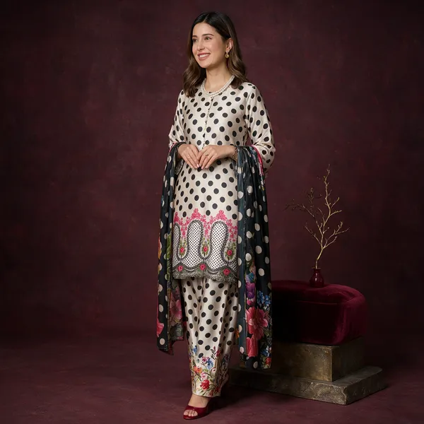 White_Black_Natural_Crepe_Straight_Cut_Polka_Dot_Kurta_Set_For_Women