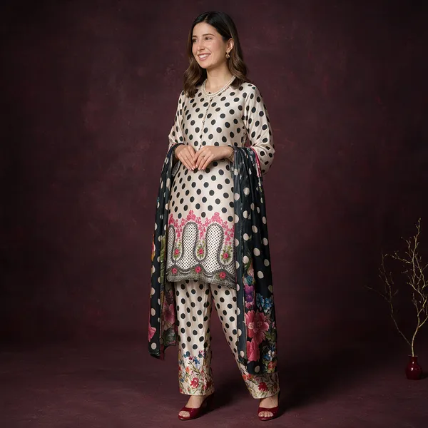 White_Black_Natural_Crepe_Straight_Cut_Polka_Dot_Kurta_Set_For_Women