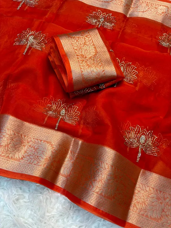Red_Kanchipuram_Golden_Organza_Tissue_With_Jacquard_Border_With_Beautiful_Beads_Worked_Lotus