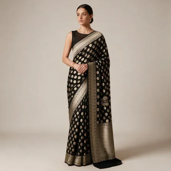Black_Banarasi_Silk_Sarees_Banarasi_Katan_Silk_Sarees_With_Almond_Zari_Weaving_Circle_Design