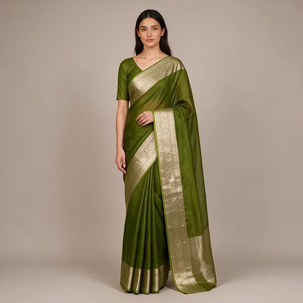 Green_Banarasi_Kora_Organza_Silk_Sarees_Banarasi_Jaal_Borders_Pallu_And_Blouse
