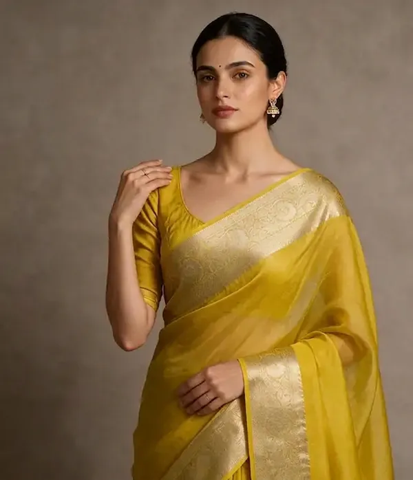 Yellow_Banarasi_Kora_Organza_Silk_Sarees_Banarasi_Jaal_Borders_Pallu_And_Blouse