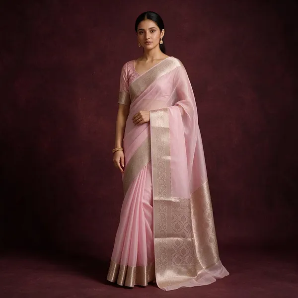 Pink_Banarasi_Kora_Organza_Silk_Sarees_Banarasi_Jaal_Borders_Pallu_And_Blouse