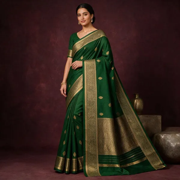 Green_Banarasi_Kora_Silk_Sarees_Copper_Zari_Weaving_Boota_Body_Jamawork