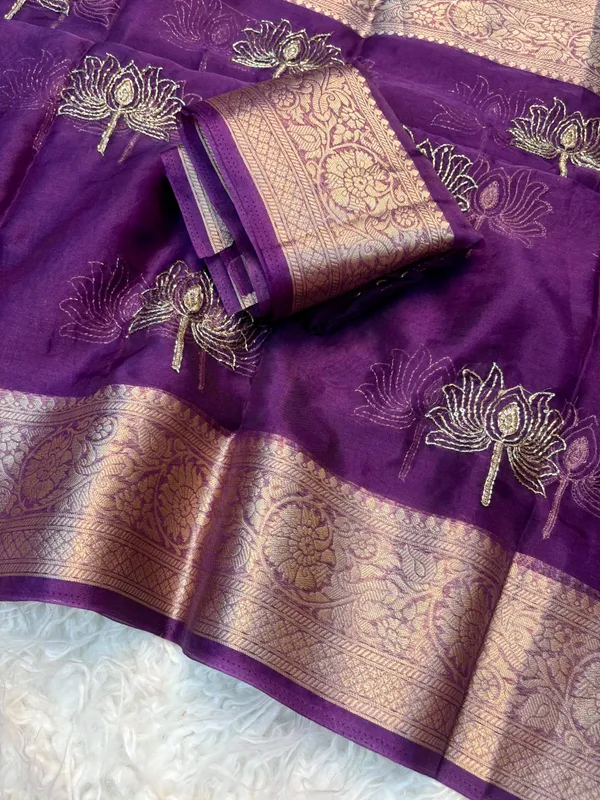 Purple_Kanchipuram_Golden_Organza_Tissue_With_Jacquard_Border_With_Beautiful_Beads_Worked_Lotus