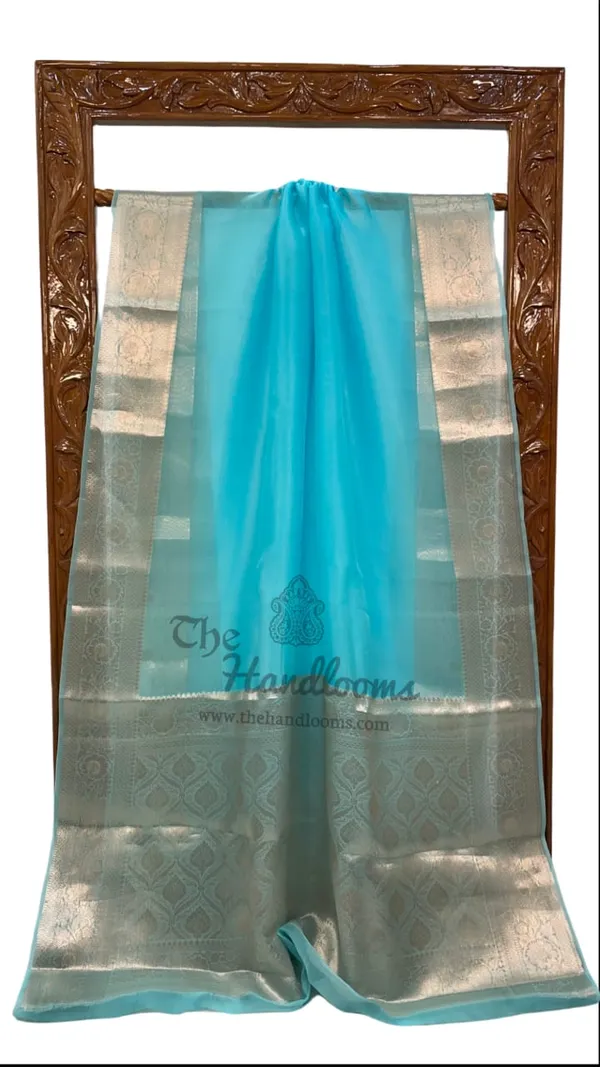 Sea_Blue_Banarasi_Kora_Organza_Silk_Sarees_Banarasi_Jaal_Borders_Pallu_And_Blouse