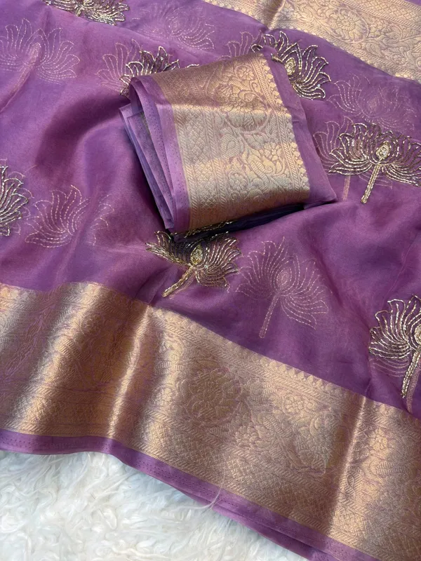 Purple_Kanchipuram_Golden_Organza_Tissue_With_Jacquard_Border_With_Beautiful_Beads_Worked_Lotus