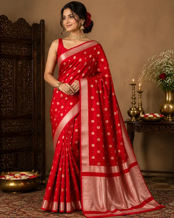 Red_Banarasi_Silk_Woven_Polka_Dot_Saree_For_Women