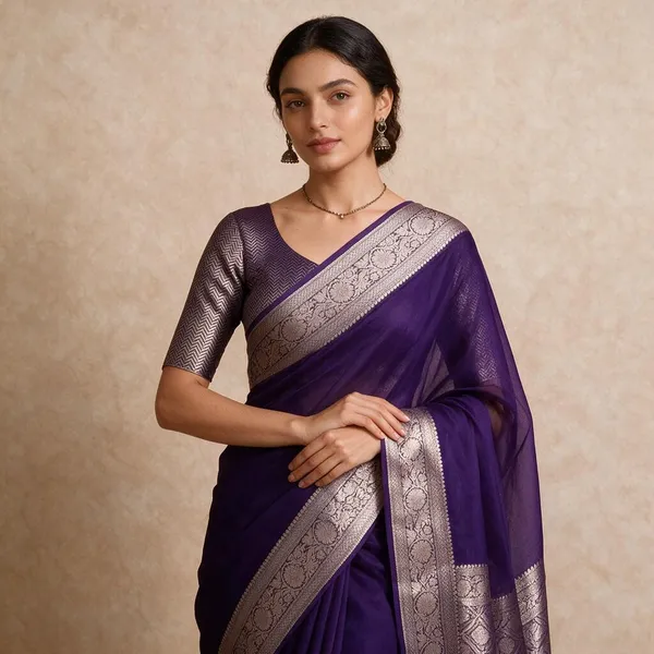 Blue_Banarasi_Kora_Organza_Silk_Sarees_Banarasi_Jaal_Borders_Pallu_And_Blouse