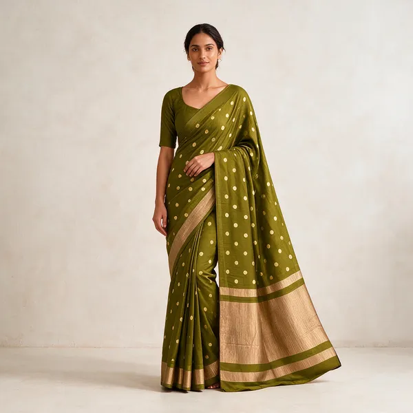Olive_Banarasi_Silk_Gold_Polka_Dot_Saree_For_Women