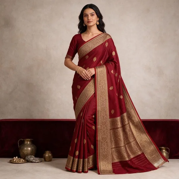 Red_Banarasi_Kora_Silk_Sarees_Copper_Zari_Weaving_Boota_Body_Jamawork