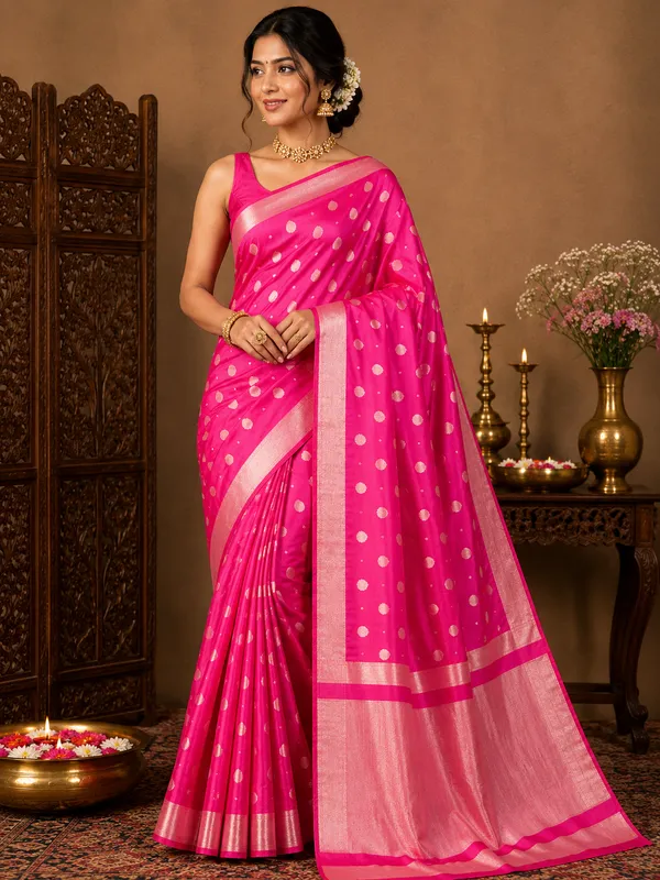 Pink_Banarasi_Silk_Polka_Dot_Saree_For_Women