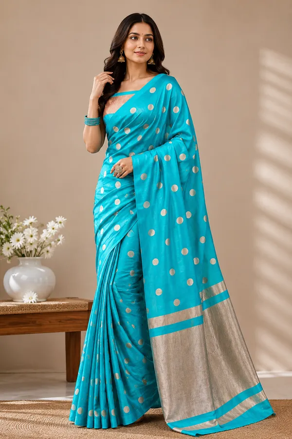 Turquoise_Banarasi_Silk_Polka_Dot_Saree_For_Women