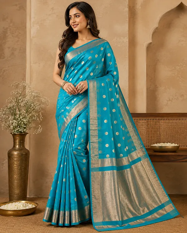 Turquoise_Banarasi_Silk_Polka_Dot_Saree_For_Women