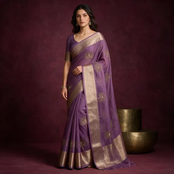 Purple_Kanchipuram_Golden_Organza_Tissue_With_Jacquard_Border_With_Beautiful_Beads_Worked_Lotus