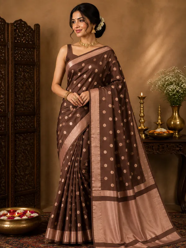 Brown_Banarasi_Silk_Woven_Polka_Dot_Saree_For_Women