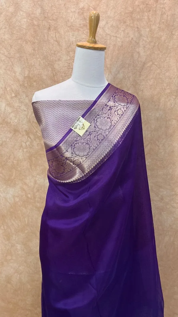 Blue_Banarasi_Kora_Organza_Silk_Sarees_Banarasi_Jaal_Borders_Pallu_And_Blouse