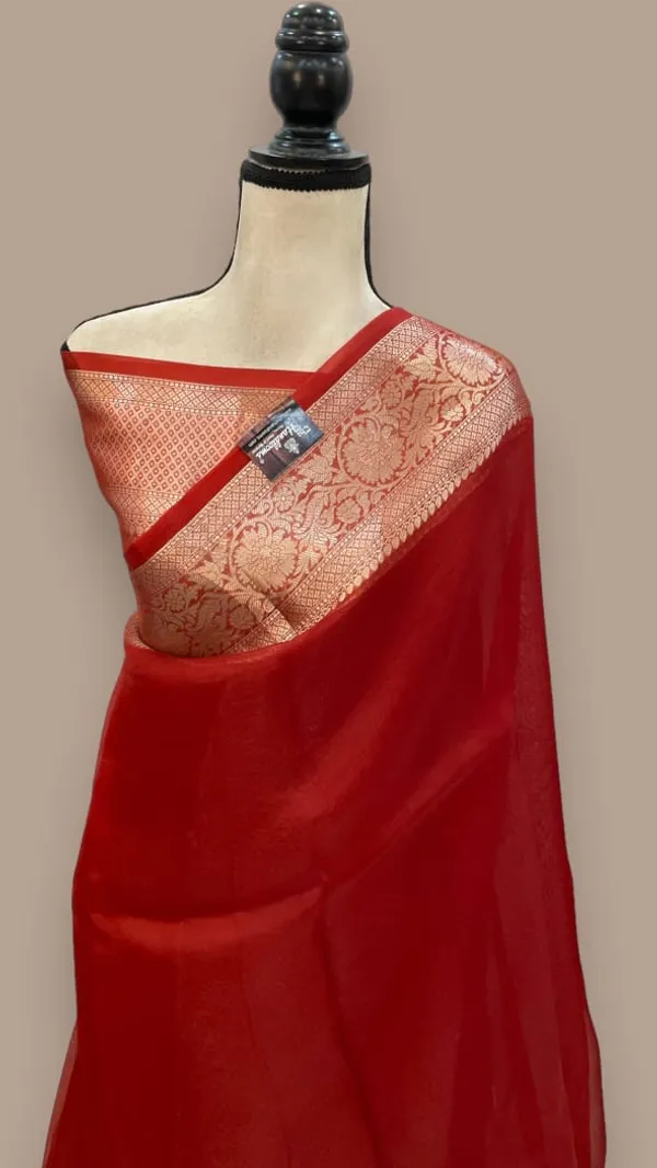 Red_Banarasi_Kora_Organza_Silk_Sarees_Banarasi_Jaal_Borders_Pallu_And_Blouse