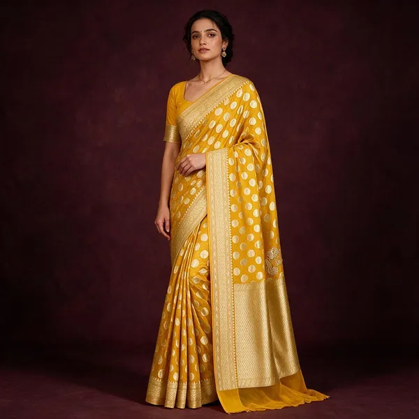 Yellow_Banarasi_Silk_Sarees_Banarasi_Katan_Silk_Sarees_With_Almond_Zari_Weaving_Circle_Design
