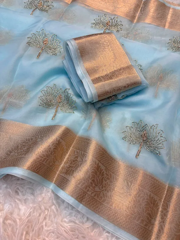 Blue_Kanchipuram_Golden_Organza_Tissue_With_Jacquard_Border_With_Beautiful_Beads_Worked_Lotus