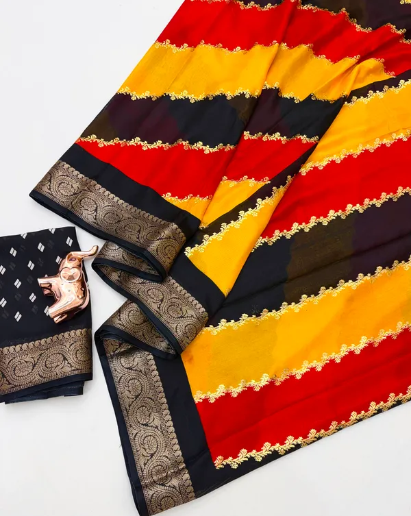 Yellow_Black_And_Red_Banaras_Georgette_Saree_With_All_Over_Zari_Outing_Along_With_Lahariya_Theme_Highlighted_With_Glitter_And_Weaving_Zari_Border