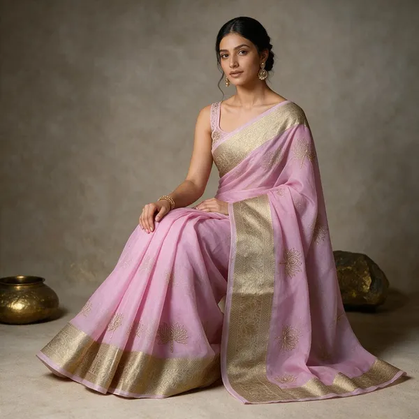 Pink_Kanchipuram_Golden_Organza_Tissue_With_Jacquard_Border_With_Beautiful_Beads_Worked_Lotus