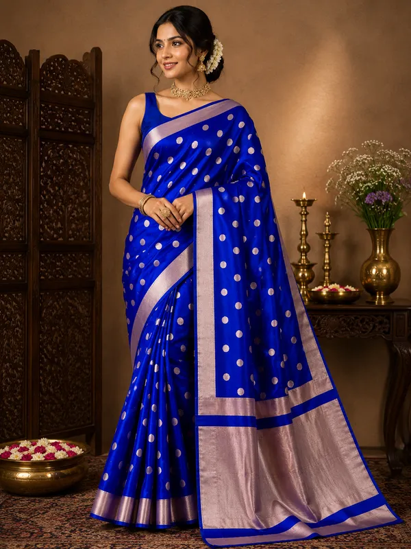 Blue_Banarasi_Silk_Zari_Polka_Dot_Saree_For_Women
