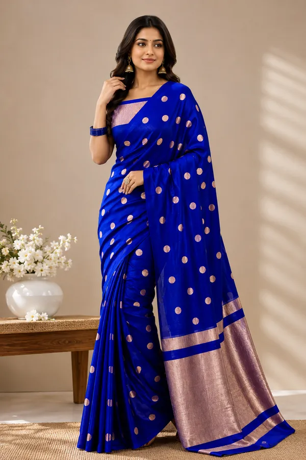 Blue_Banarasi_Silk_Zari_Polka_Dot_Saree_For_Women