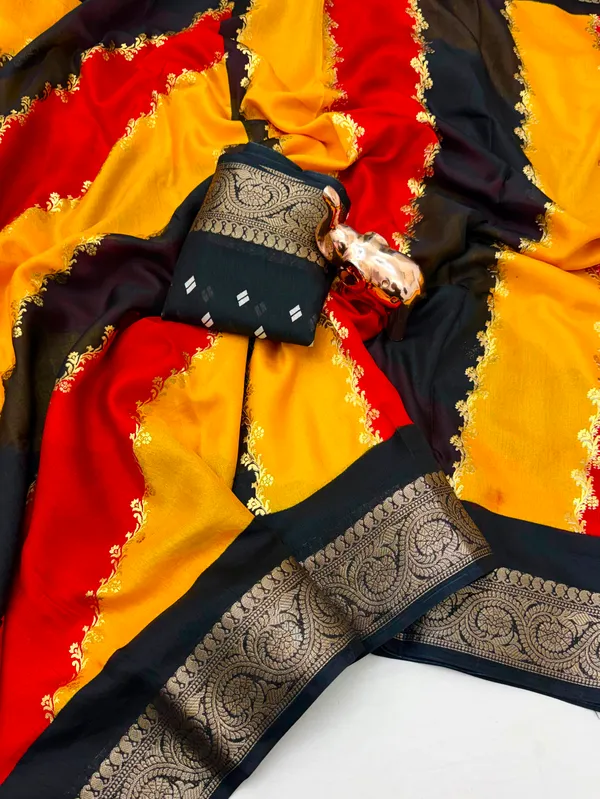 Yellow_Black_And_Red_Banaras_Georgette_Saree_With_All_Over_Zari_Outing_Along_With_Lahariya_Theme_Highlighted_With_Glitter_And_Weaving_Zari_Border