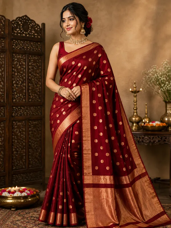 Maroon_Banarasi_Silk_Polka_Dot_Saree_For_Women