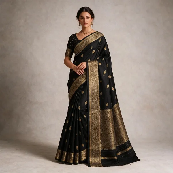Black_Banarasi_Kora_Silk_Sarees_Copper_Zari_Weaving_Boota_Body_Jamawork