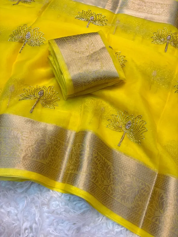 Yellow_Kanchipuram_Golden_Organza_Tissue_With_Jacquard_Border_With_Beautiful_Beads_Worked_Lotus