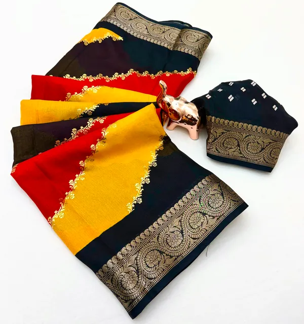Yellow_Black_And_Red_Banaras_Georgette_Saree_With_All_Over_Zari_Outing_Along_With_Lahariya_Theme_Highlighted_With_Glitter_And_Weaving_Zari_Border