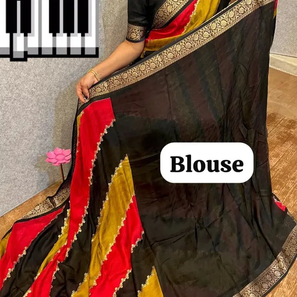 Yellow_Black_And_Red_Banaras_Georgette_Saree_With_All_Over_Zari_Outing_Along_With_Lahariya_Theme_Highlighted_With_Glitter_And_Weaving_Zari_Border