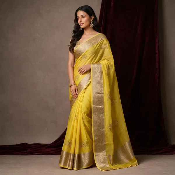 Yellow_Kanchipuram_Golden_Organza_Tissue_With_Jacquard_Border_With_Beautiful_Beads_Worked_Lotus