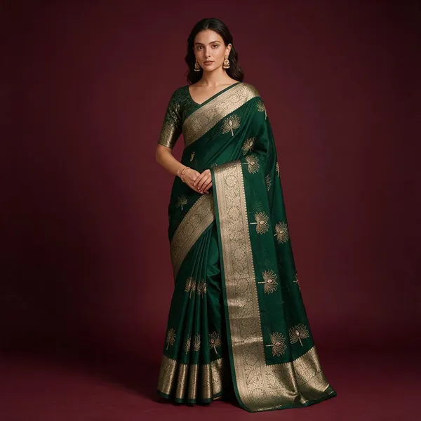 Green_Kanchipuram_Golden_Organza_Tissue_With_Jacquard_Border_With_Beautiful_Beads_Worked_Lotus