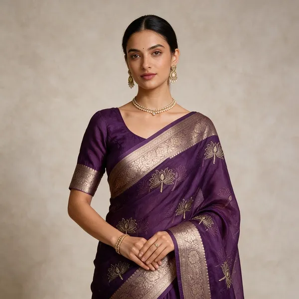Purple_Kanchipuram_Golden_Organza_Tissue_With_Jacquard_Border_With_Beautiful_Beads_Worked_Lotus