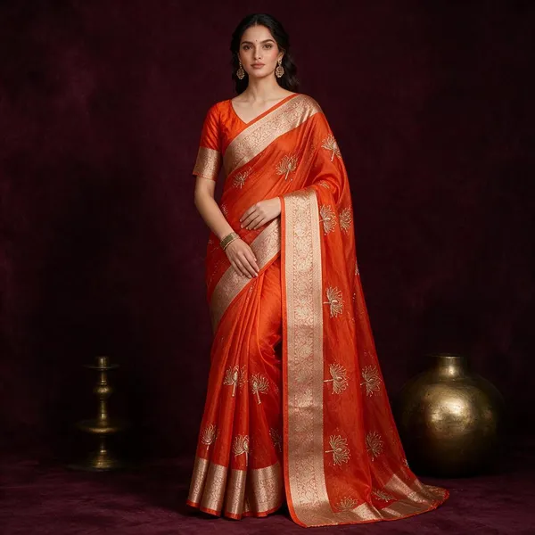 Red_Kanchipuram_Golden_Organza_Tissue_With_Jacquard_Border_With_Beautiful_Beads_Worked_Lotus