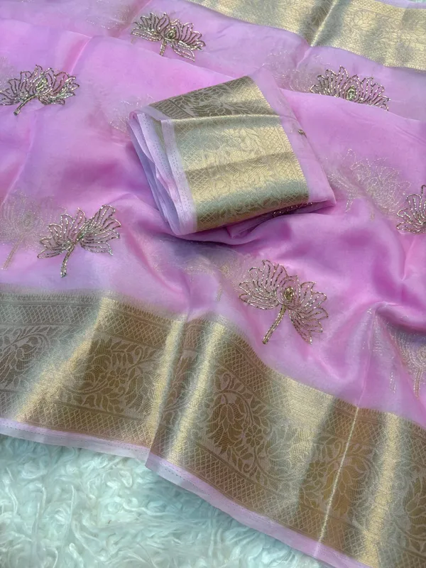 Pink_Kanchipuram_Golden_Organza_Tissue_With_Jacquard_Border_With_Beautiful_Beads_Worked_Lotus
