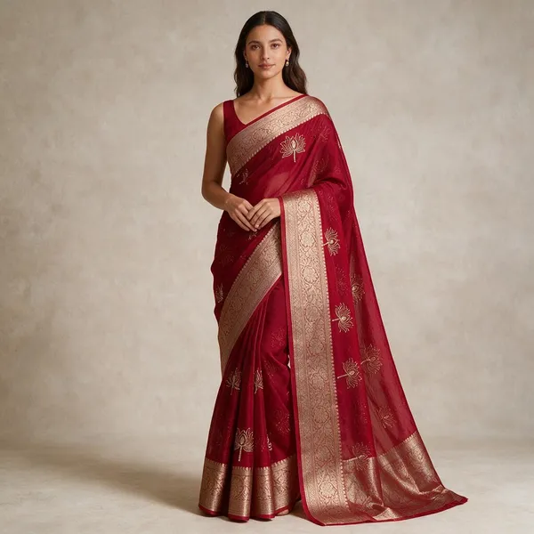 Red_Kanchipuram_Golden_Organza_Tissue_With_Jacquard_Border_With_Beautiful_Beads_Worked_Lotus