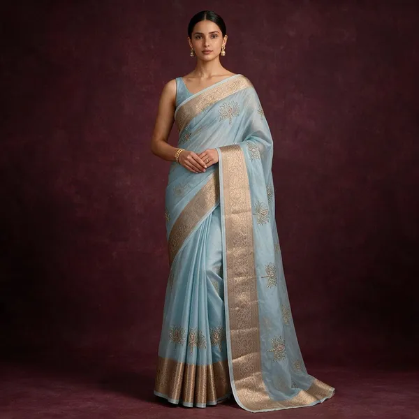 Blue_Kanchipuram_Golden_Organza_Tissue_With_Jacquard_Border_With_Beautiful_Beads_Worked_Lotus