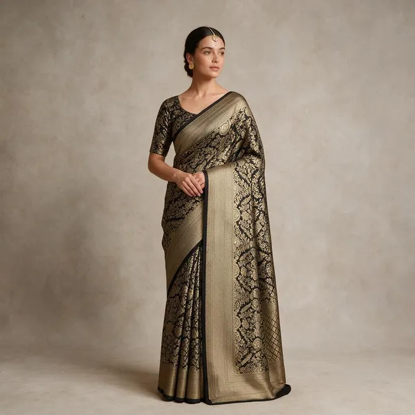 Black_Banarasi_Katan_Silk_Sarees_With_Rich_Golden_Zari_Weaving_Jamawork