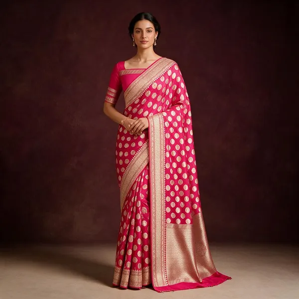 Pink_Banarasi_Silk_Sarees_Banarasi_Katan_Silk_Sarees_With_Almond_Zari_Weaving_Circle_Design